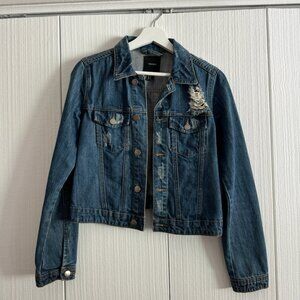 Women's Distressed Cropped Denim Jacket | Size S | Dark Wash w/ Silver Buttons